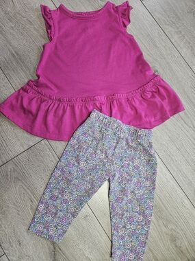 Joe Fresh & George Baby Girls 2-Piece Set Pink Peplum Top Floral Leggings 3-6M🩷
